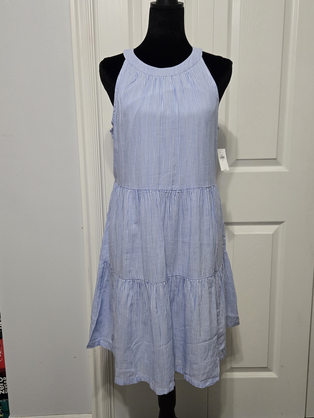 Old Navy Blue and White Striped Strapless Tiered Dress
